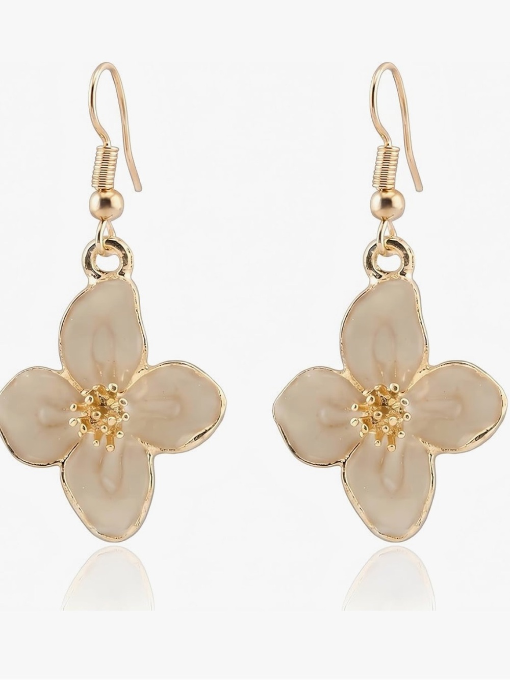Anthropologie Gold Tone & Cream Enamel Flower Drop Earrings
